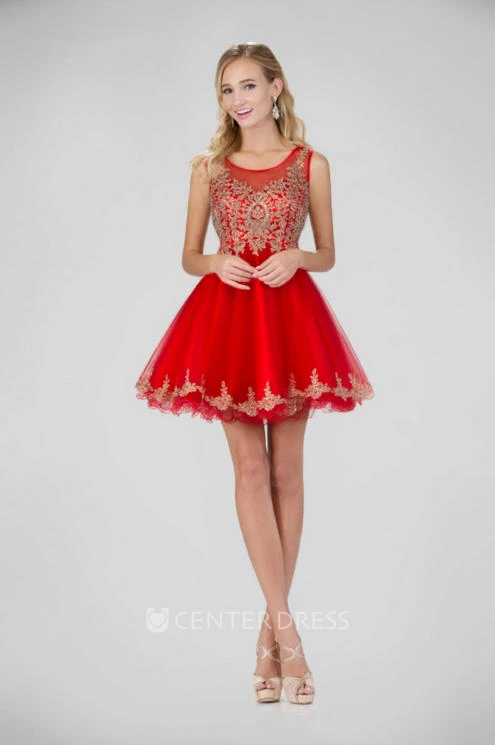 A-Line Short Bateau Sleeveless Illusion Dress With Appliques