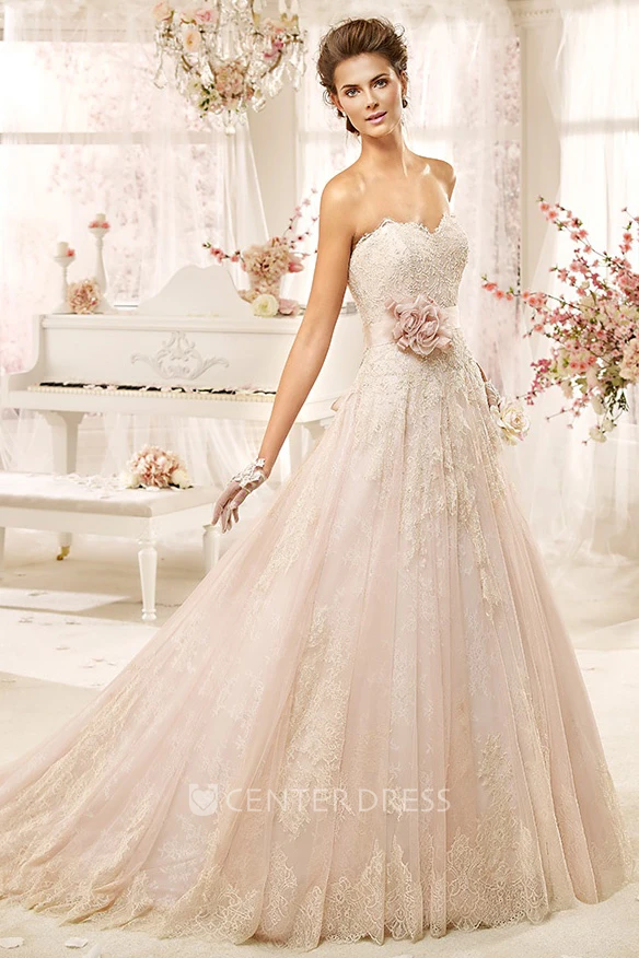 Sweetheart A-line Lace Long Dress with Flower Sash and Appliques