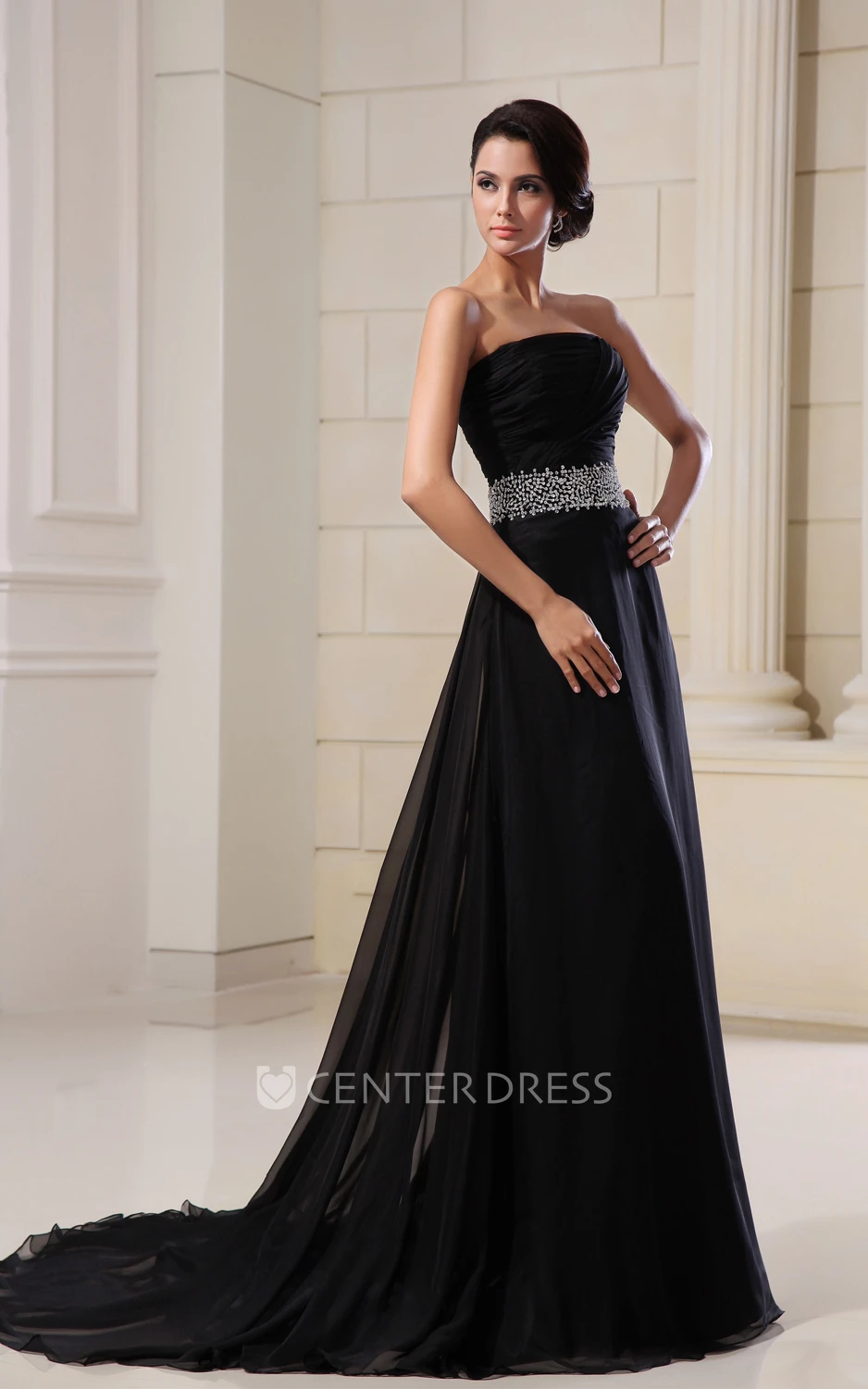 Strapless Sleeveless A Line Chiffon Formal Dress With Sequined Waist
