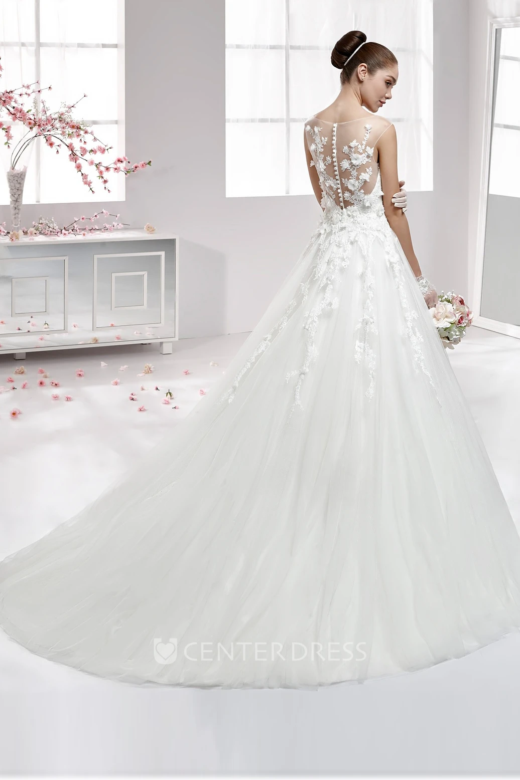 Jewel-Neck Lace Appliqued A-Line Gown With Illusive Neckline And Brush Train