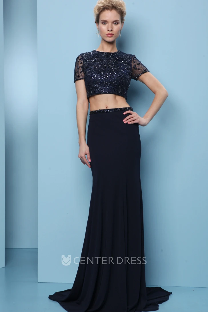 Sheath Short-Sleeve Jewel-Neck Floor-Length Crystal Jersey Prom Dress