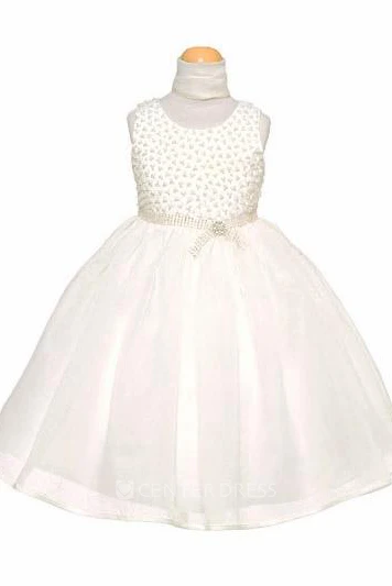 Tea-Length Beaded Cap-Sleeve Organza&Satin Flower Girl Dress With Cape