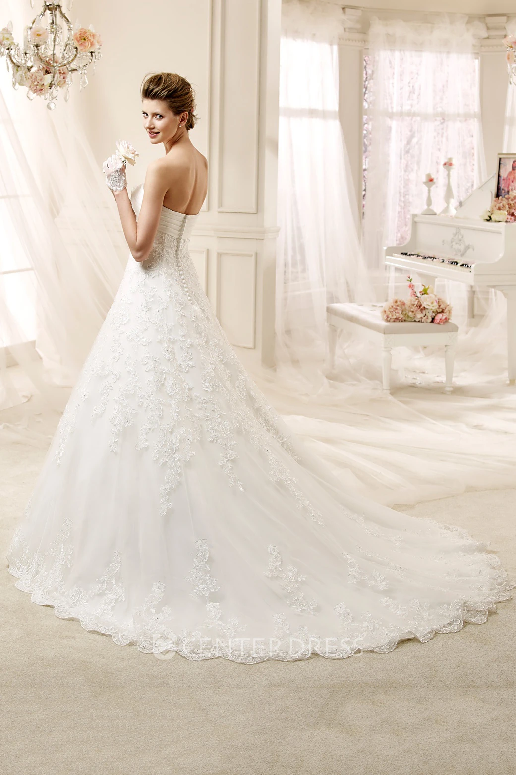 Strapless A-line Wedding Dress with Pleated Bust and Lace Appliques