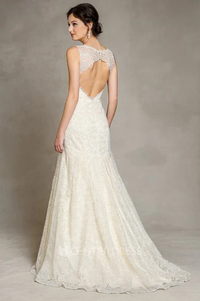 Appliqued Sleeveless Floor-Length V-Neck Lace Wedding Dress