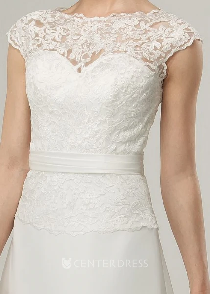 Floor-Length Jewel Appliqued Cap-Sleeve Chiffon Wedding Dress