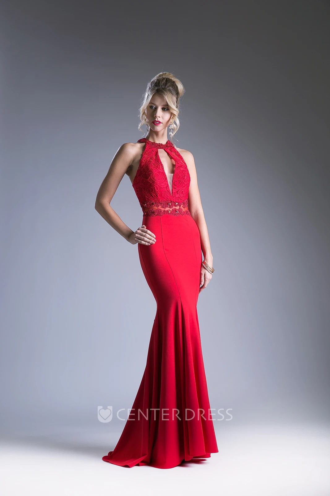 Sheath Maxi High Neck Sleeveless Jersey Dress With Lace And Appliques