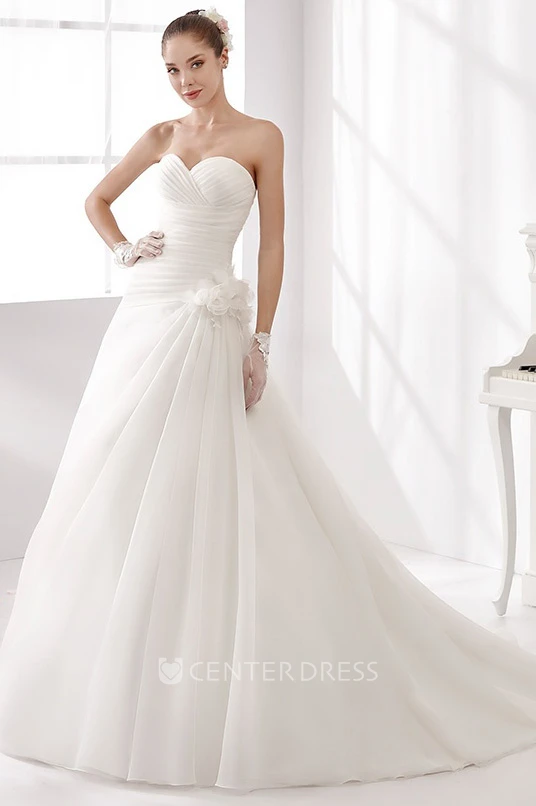 Strapless Floor-Length Appliqued Draped Satin Wedding Dress With Flower And  Cape - UCenter Dress