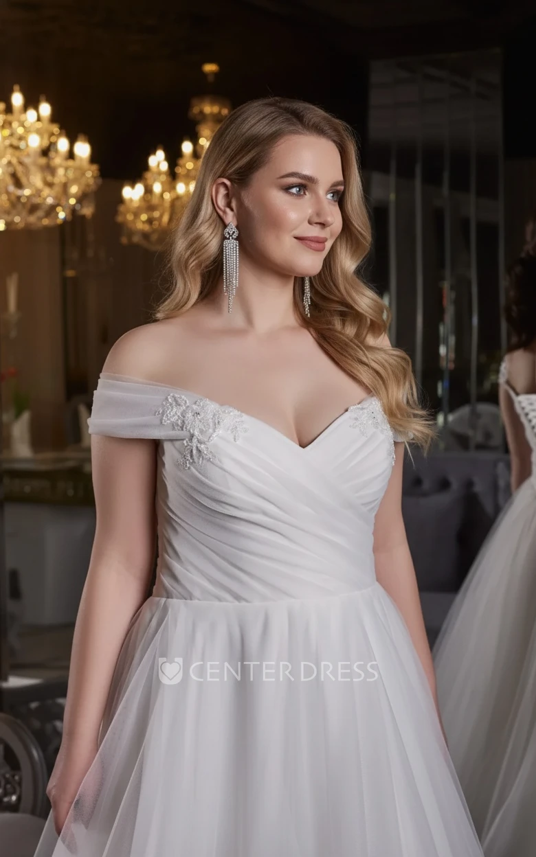 Simple Ethereal Plus Size A-Line Mature Wedding Dress Modern Flowy Off-the-Shoulder Ruffle Beading Ruching Bridal Gown