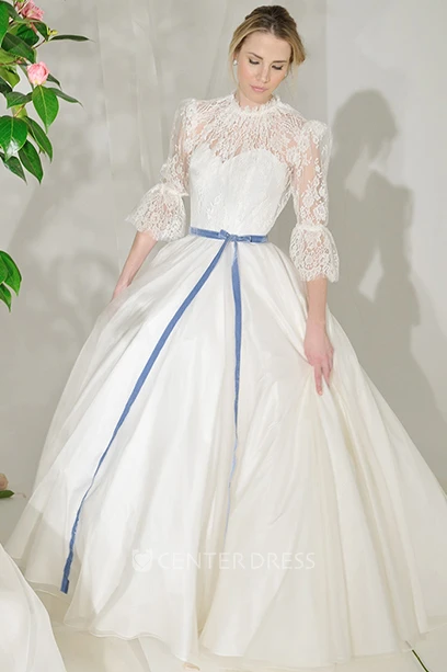 High Neck Maxi Lace Puff-Sleeve Satin Wedding Dress