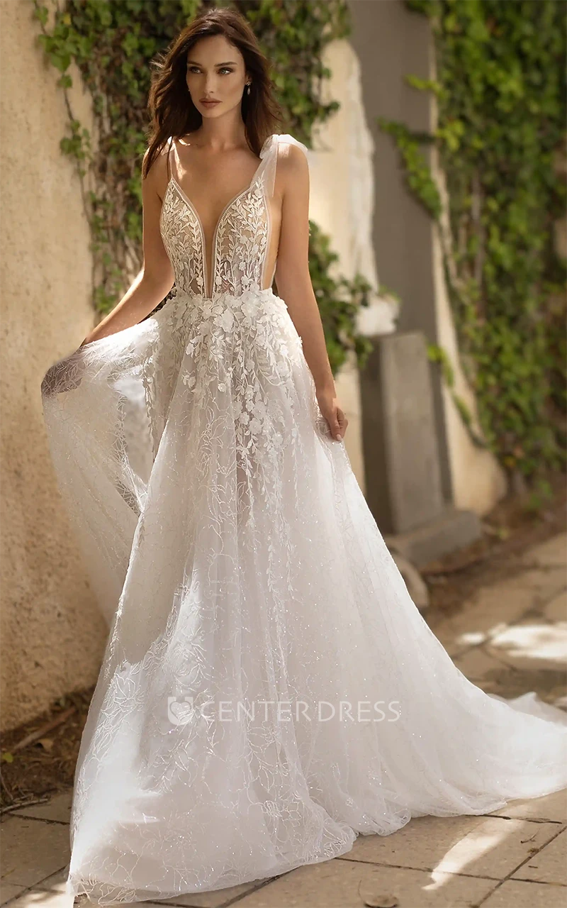 Bohemian Lace A-Line Wedding Dress with Plunging Neckline and Open Back Lace A-Line Bohemian Plunging Neckline Open Back Wedding Dress