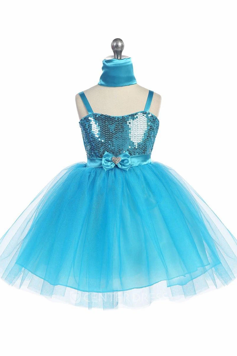 Knee-Length Cape Beaded Tiered Tulle&Sequins Flower Girl Dress With Ribbon