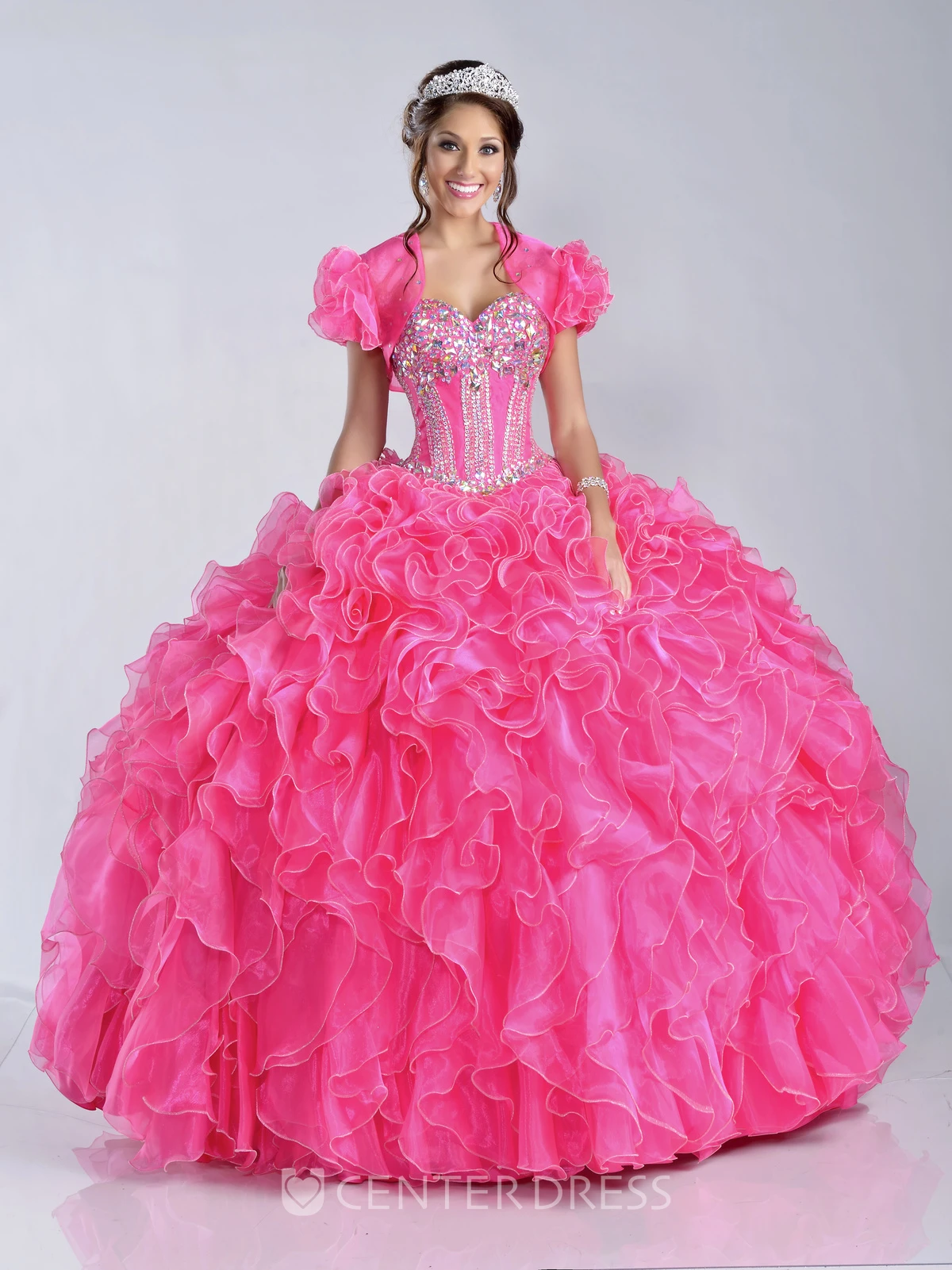 Sequined Corset Ball Gown With Cascading Ruffles And Matching Jacket