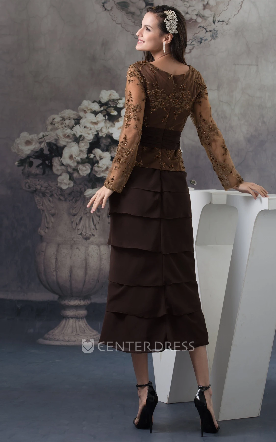 Classic Square-Neck Long-Sleeve Ankle-Length Dress with Tiers and Appliques