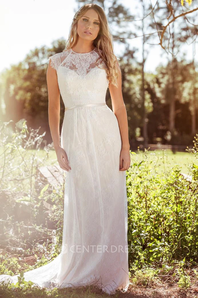 Sheath Scoop-Neck Floor-Length Sleeveless Lace Wedding Dress With Appliques And Illusion
