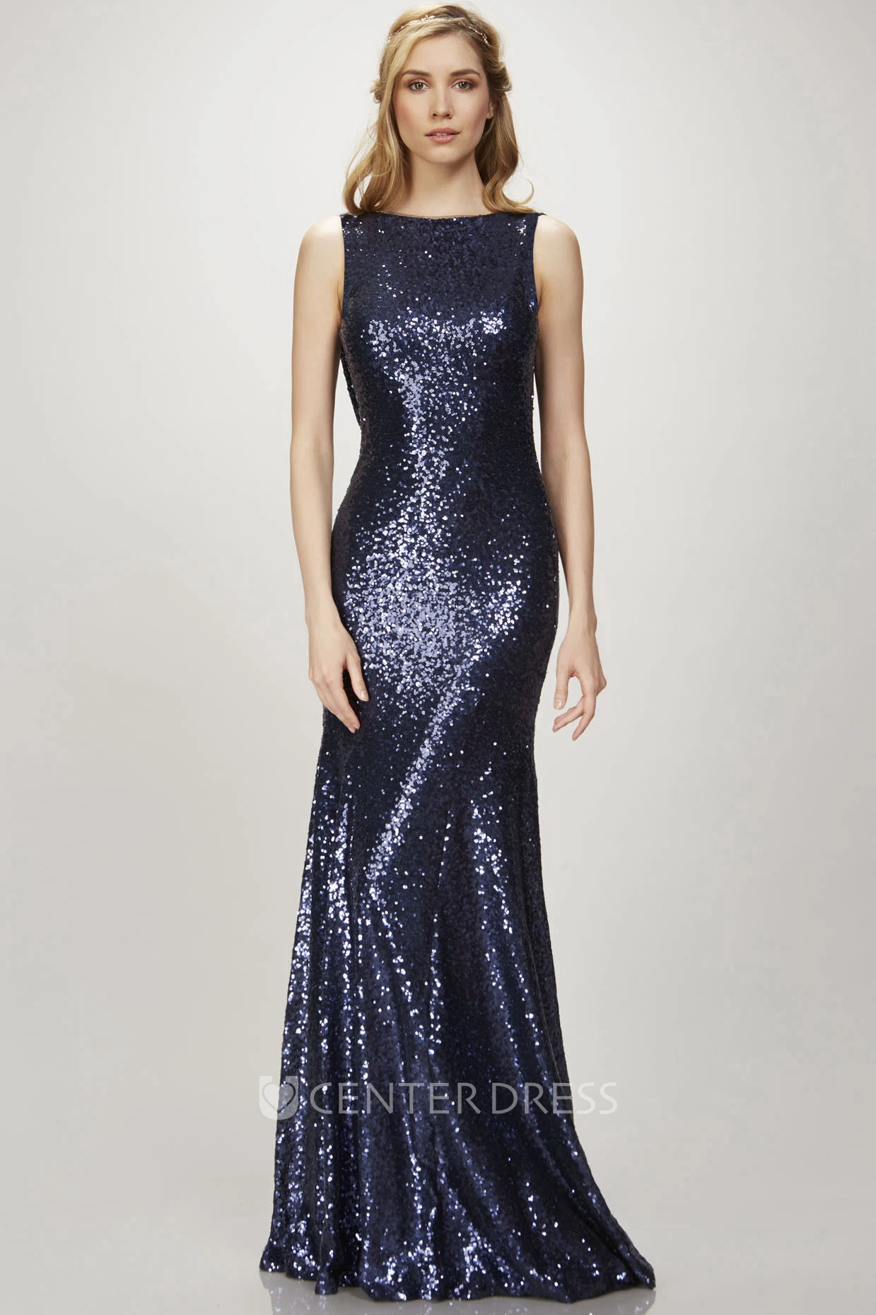 Sheath Floor-Length Sleeveless Bateau Sequins Bridesmaid Dress With Deep-V Back