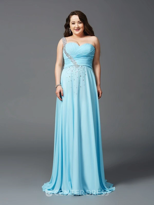 A-line Floor-length One-shoulder Sleeveless Chiffon Criss cross Beading Pleats Dress