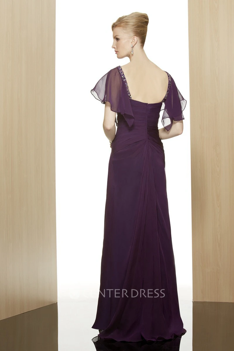 Sheath Poet-Short-Sleeve Beaded Long Sweetheart Chiffon Formal Dress With Zipper Back And Side Draping