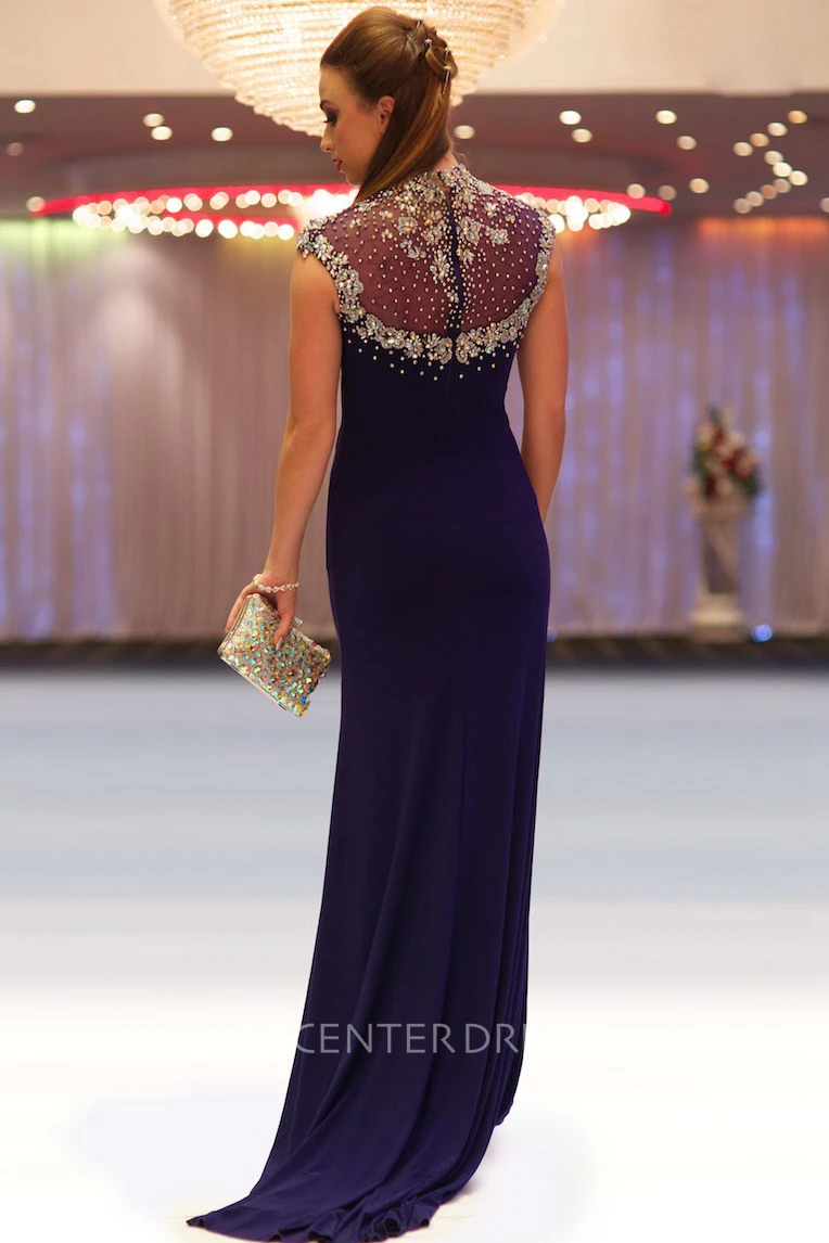 Sheath Cap-Sleeve Beaded Floor-Length High-Neck Jersey Prom Dress