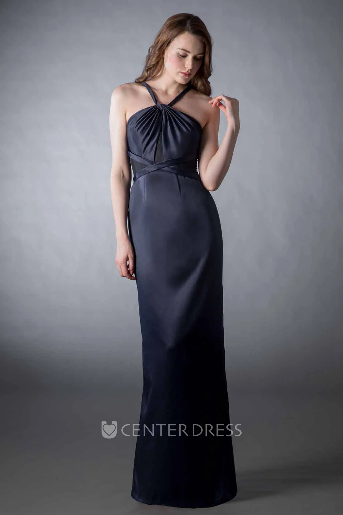 Sheath Strapped Ruched Sleeveless Satin Bridesmaid Dress