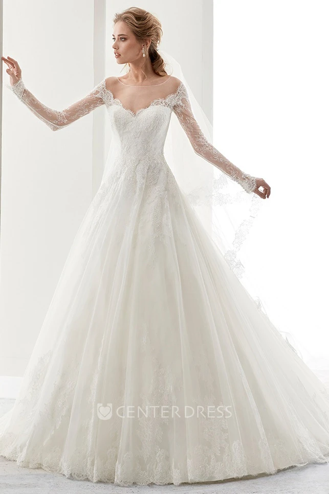 Long-Sleeve A-Line Bridal Gown With Brush Train And Illusive Design