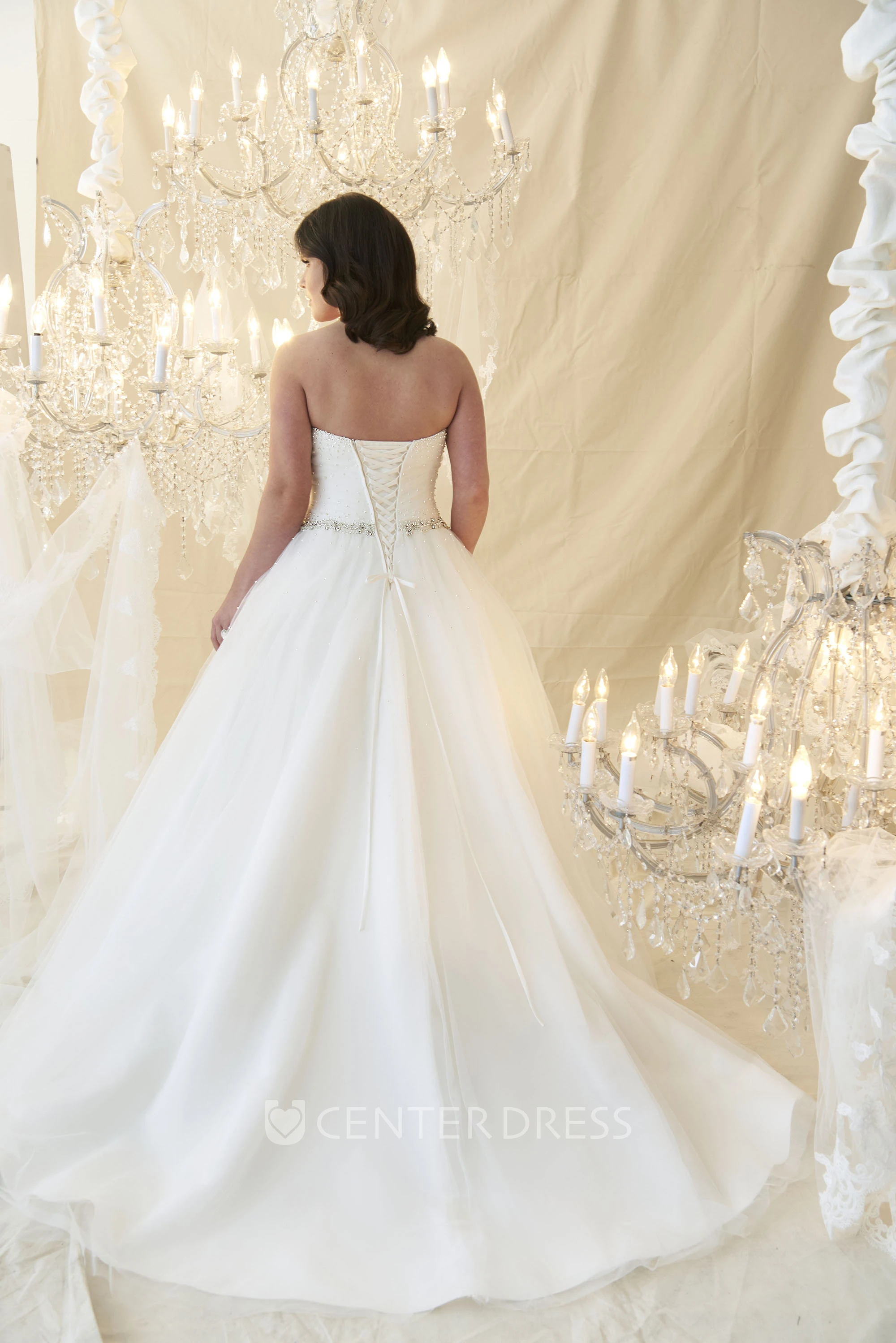A-Line Sleeveless Long Beaded Sweetheart Tulle Plus Size Wedding Dress With Waist Jewellery