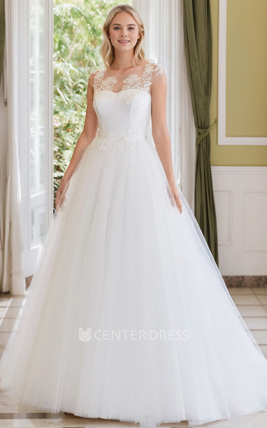 Vintage Romantic A-Line Sweetheart Jewel Neck Sleeveless Floor-length Lace Appliques Tulle Spring Wedding Dress Elegant Adorable Sweep Train Button Illusion Back Bridal Gown