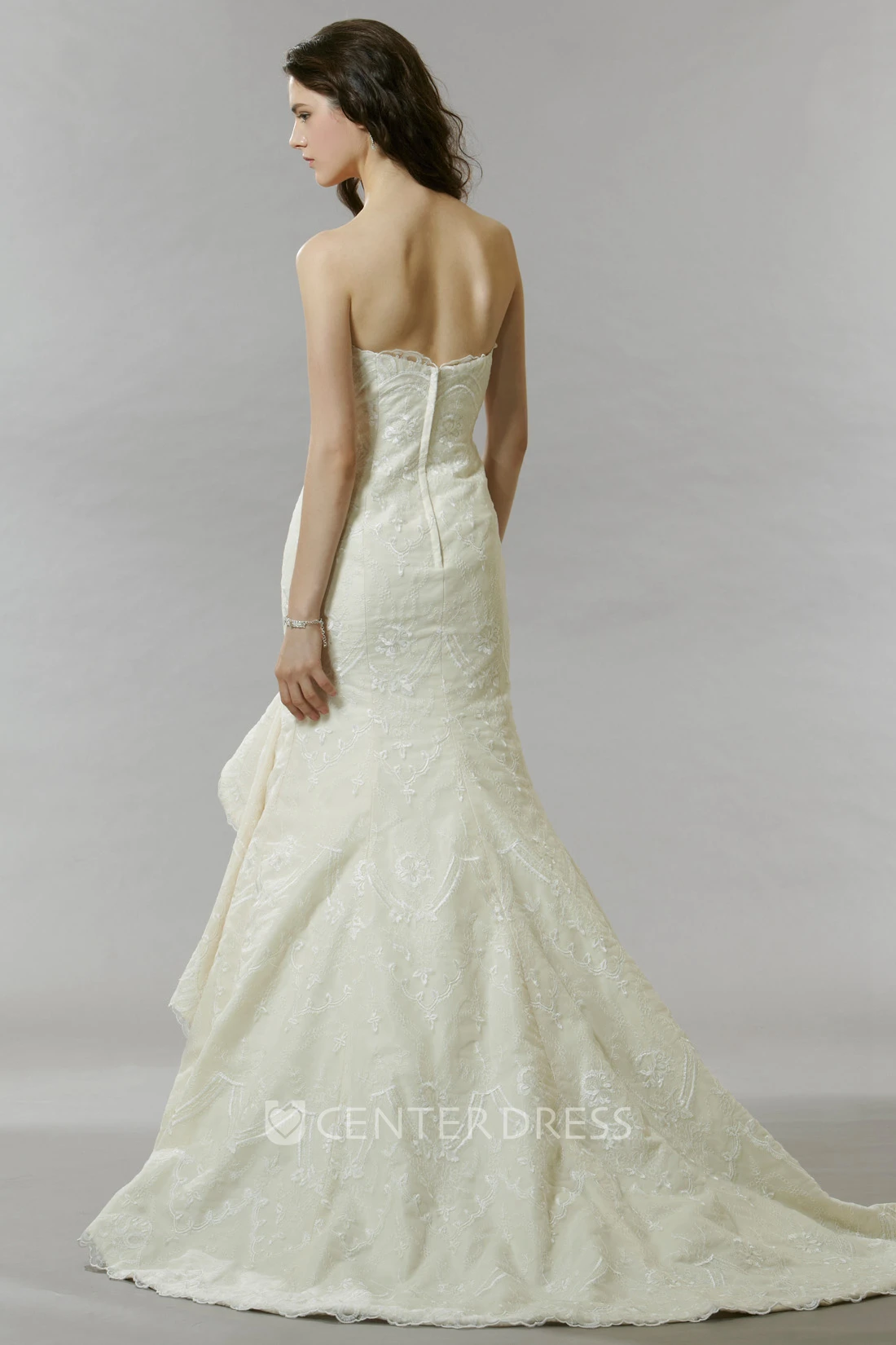 Mermaid Appliqued Strapless Lace Wedding Dress With Draping And Court Train