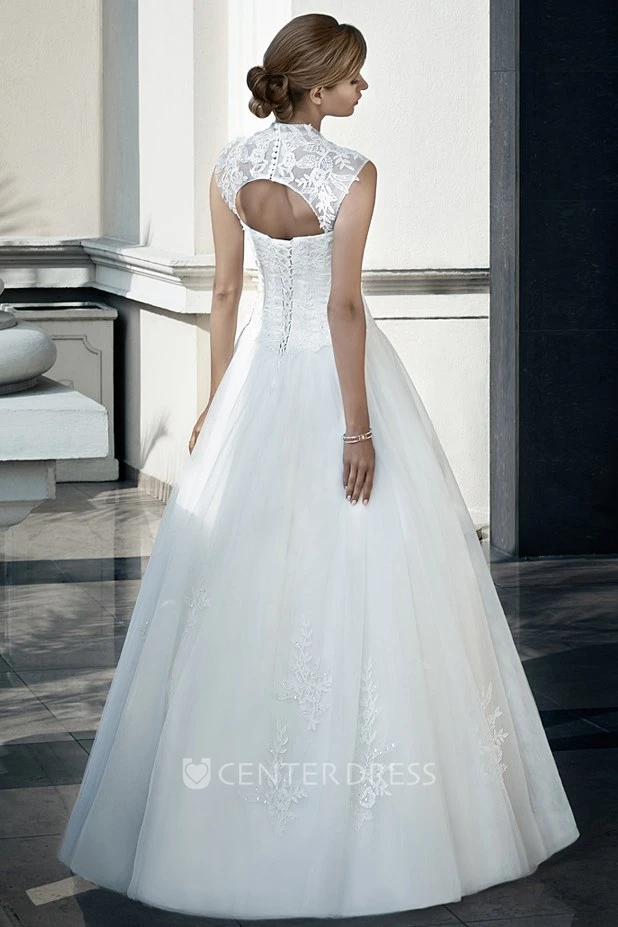 A-Line Long Appliqued Queen-Anne Tulle&Lace Wedding Dress