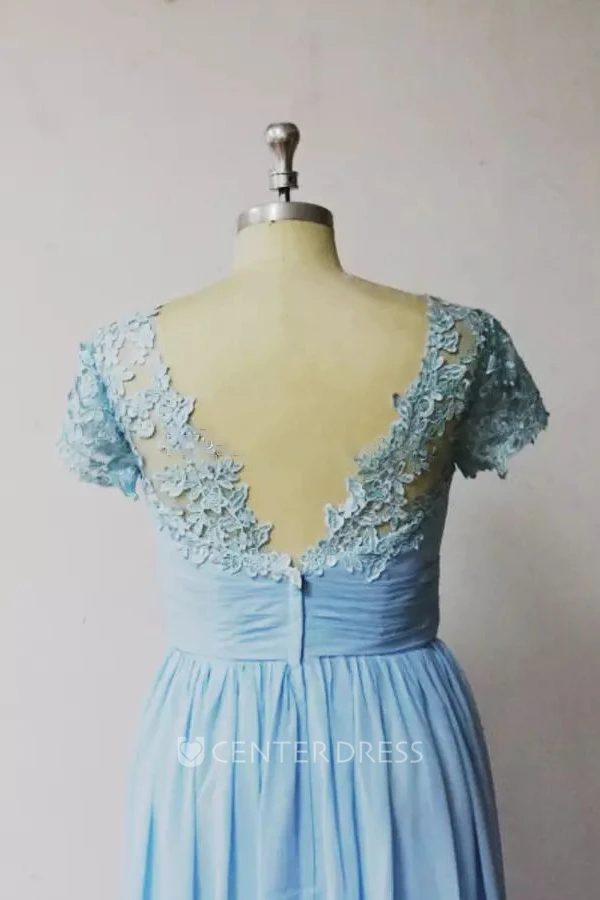 Short Sleeve A-line Jewel Floor-length Chiffon Bridesmaid Dress with Appliques and Ruching