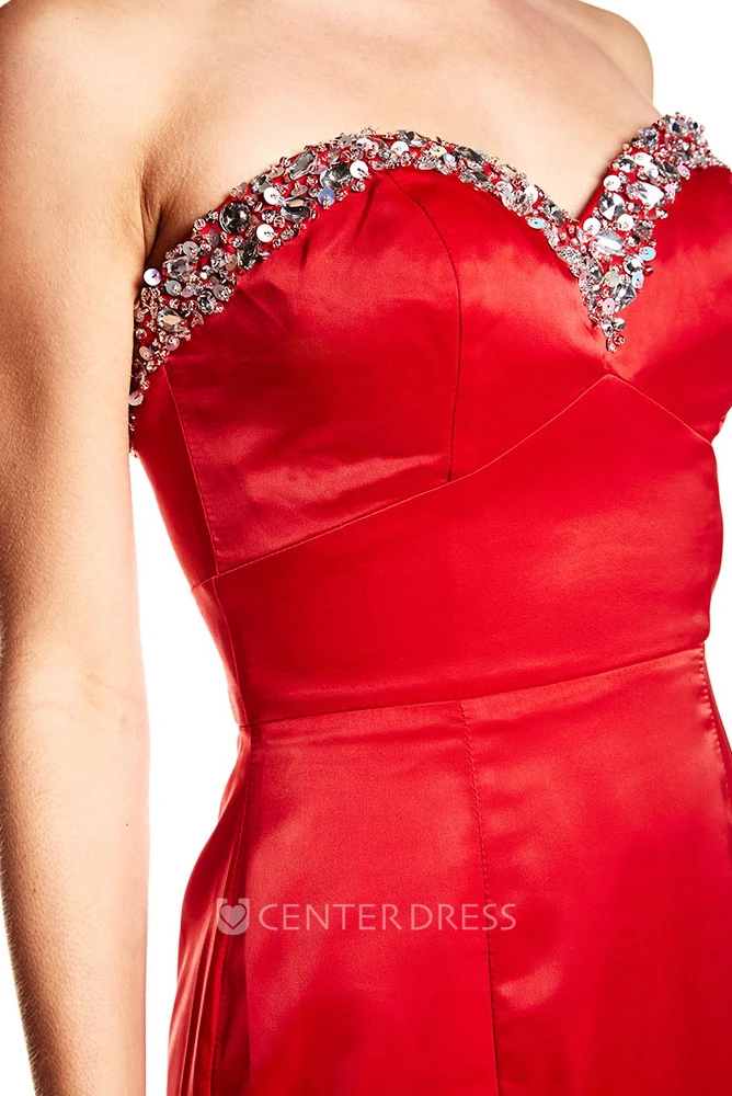 Trumpet Beaded Sweetheart Long Sleeveless Satin Prom Dress With Backless Style And Brush Train