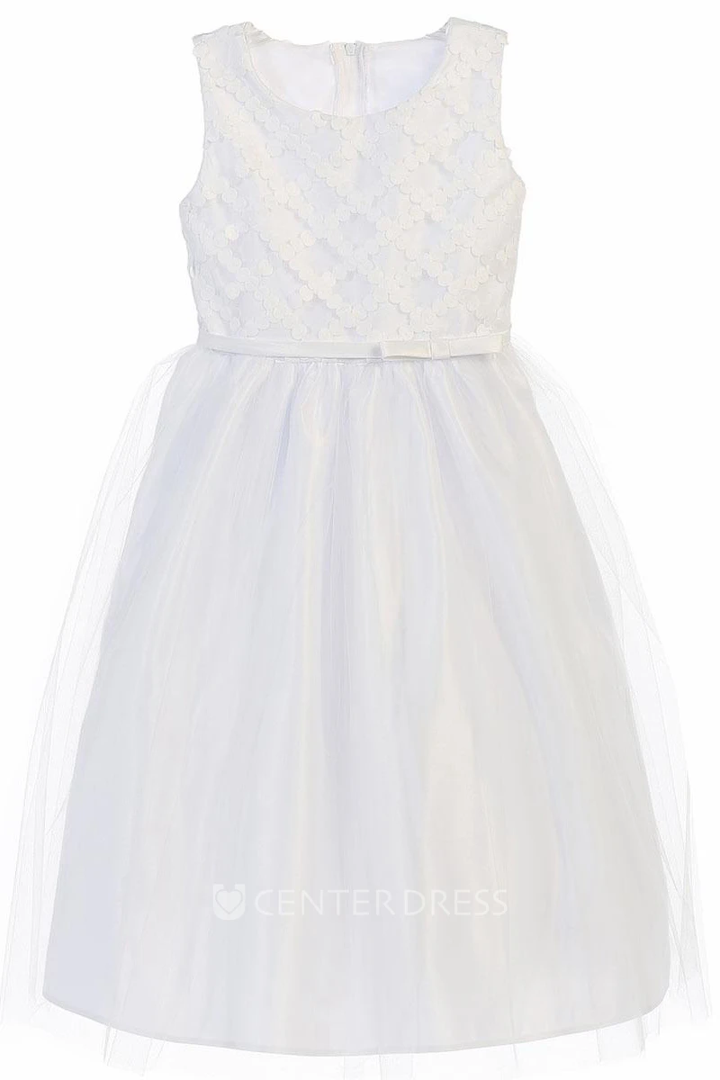 Tea-Length Bowed Sleeveless Tulle&Satin Flower Girl Dress