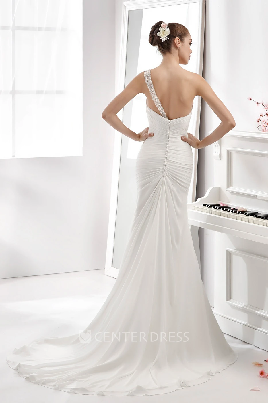 One-Strap Sheath Chiffon Wedding Dress With Side Draping And Pleated Details