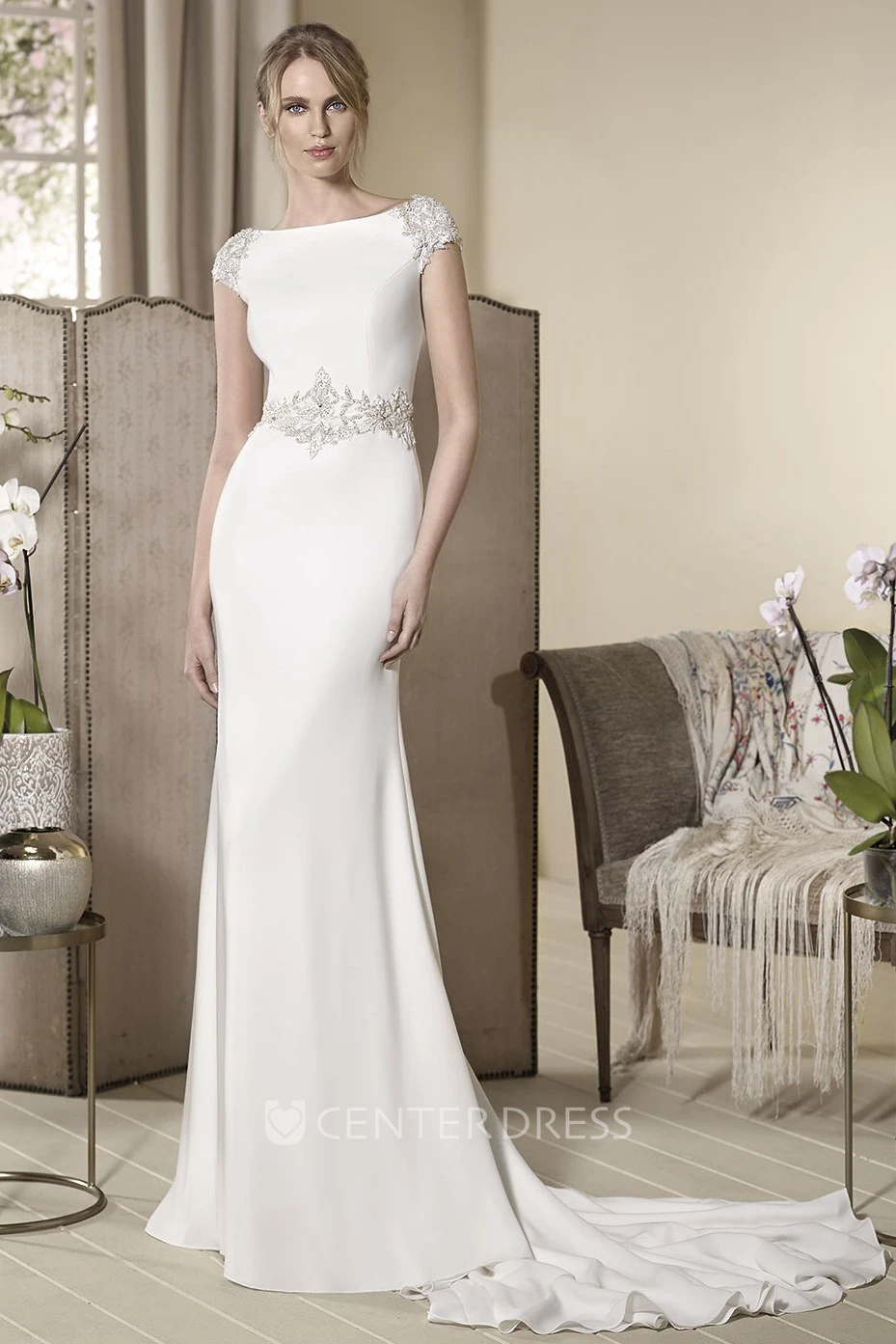 Sheath Cap-Sleeve Crystal Jewel-Neck Long Jersey Wedding Dress
