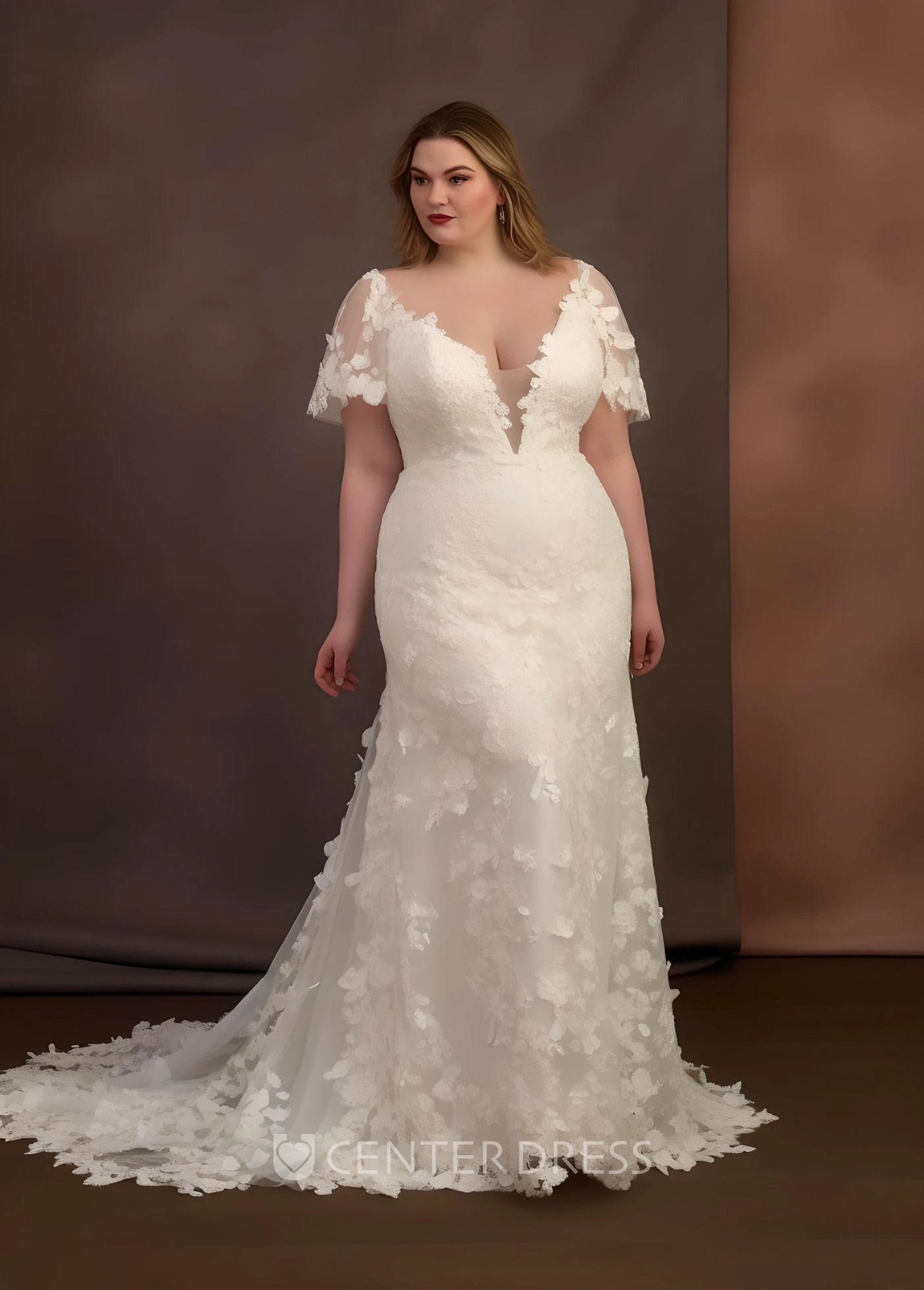 Lace Tulle Plus Size Short Sleeve Wedding Dress Bohemian Romantic