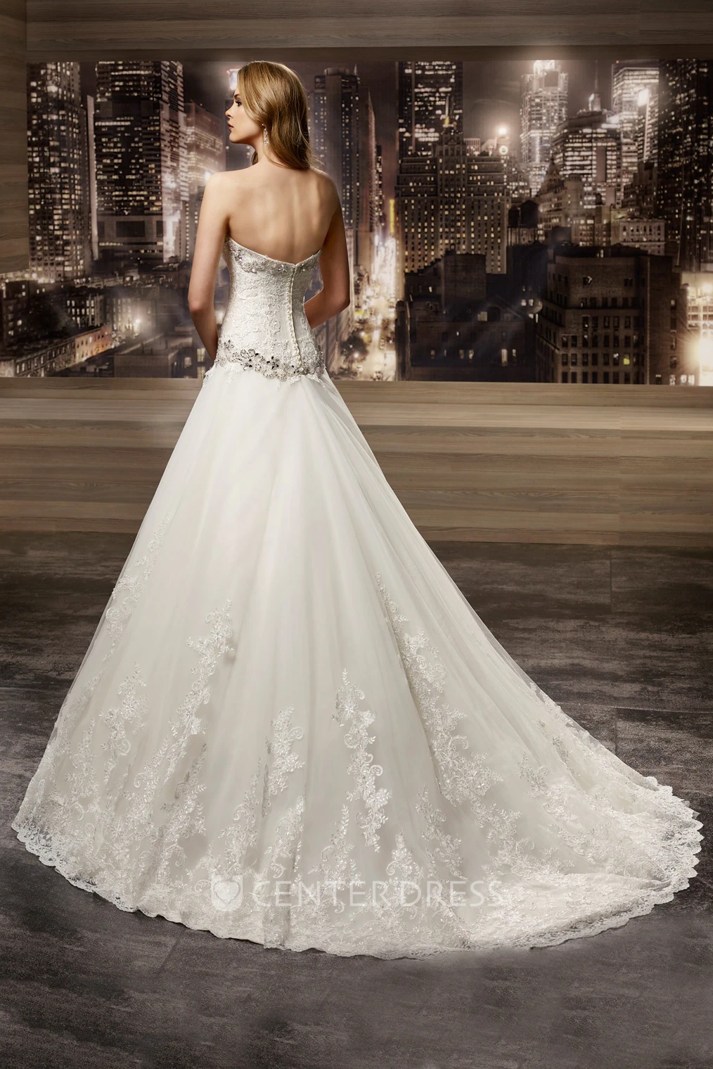Sweetheart Brush-train A-line Lace Wedding Gown with Beaded Details and Appliques 