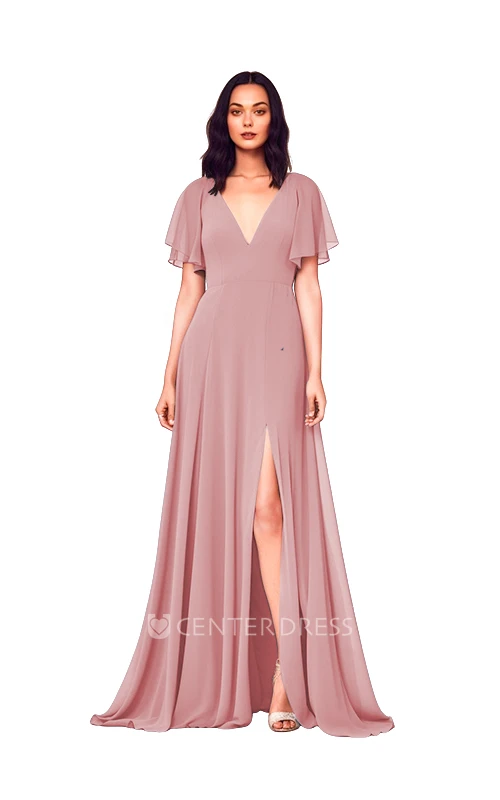 Modest Chiffon A-Line V-neck Bridesmaid Dress with Front Split Simple Wedding Dress