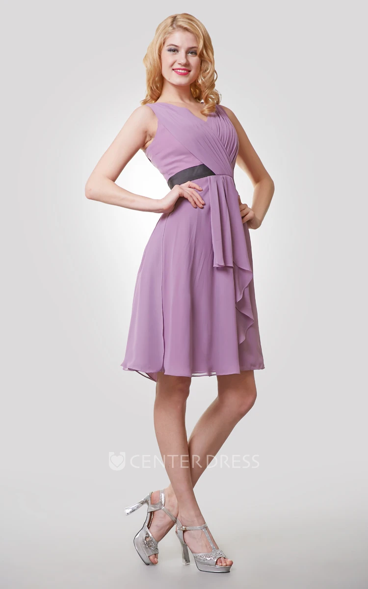 V-Neck Sleeveless Knee Length Chiffon Dress With Pleats and Draping