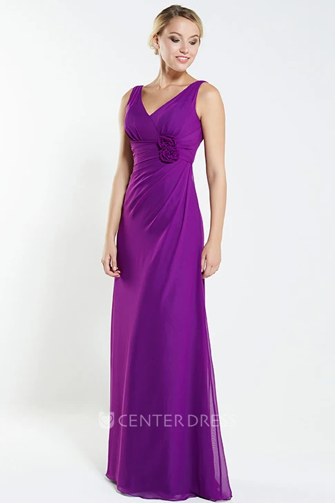 A-Line V-Neck Floral Sleeveless Maxi Chiffon Bridesmaid Dress With Draping
