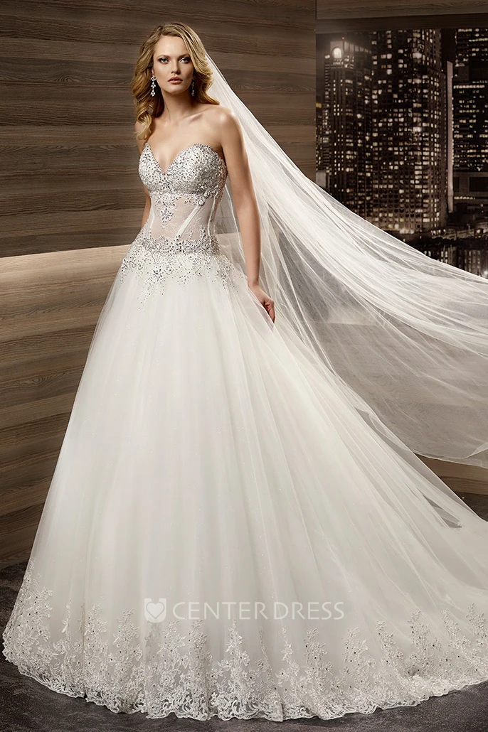 Sweetheart Brush-train A-line Wedding Dress with Beaded Illusion Corset 