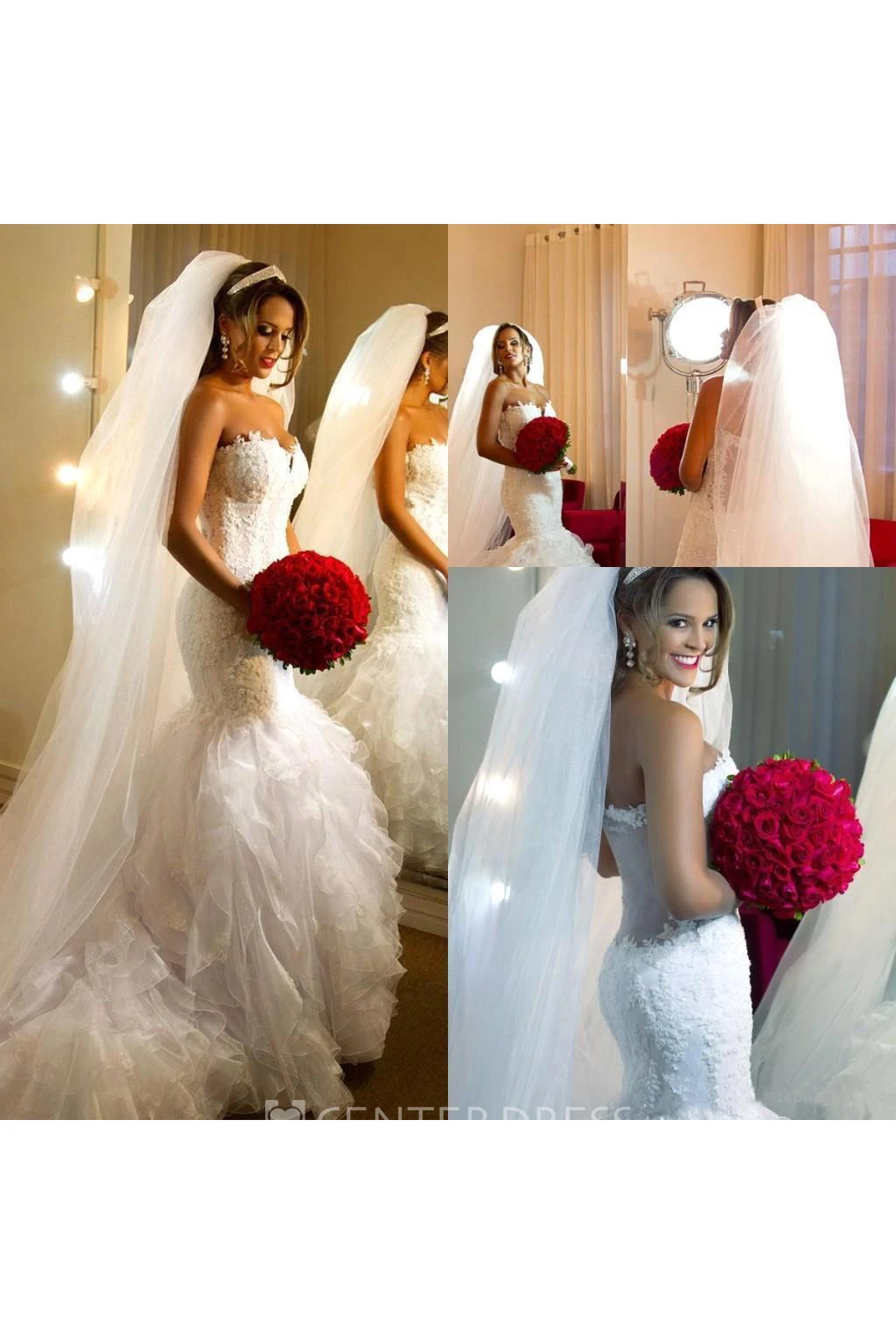 Mermaid Trumpet Sweetheart Organza Lace Deep-V Back Wedding Gown