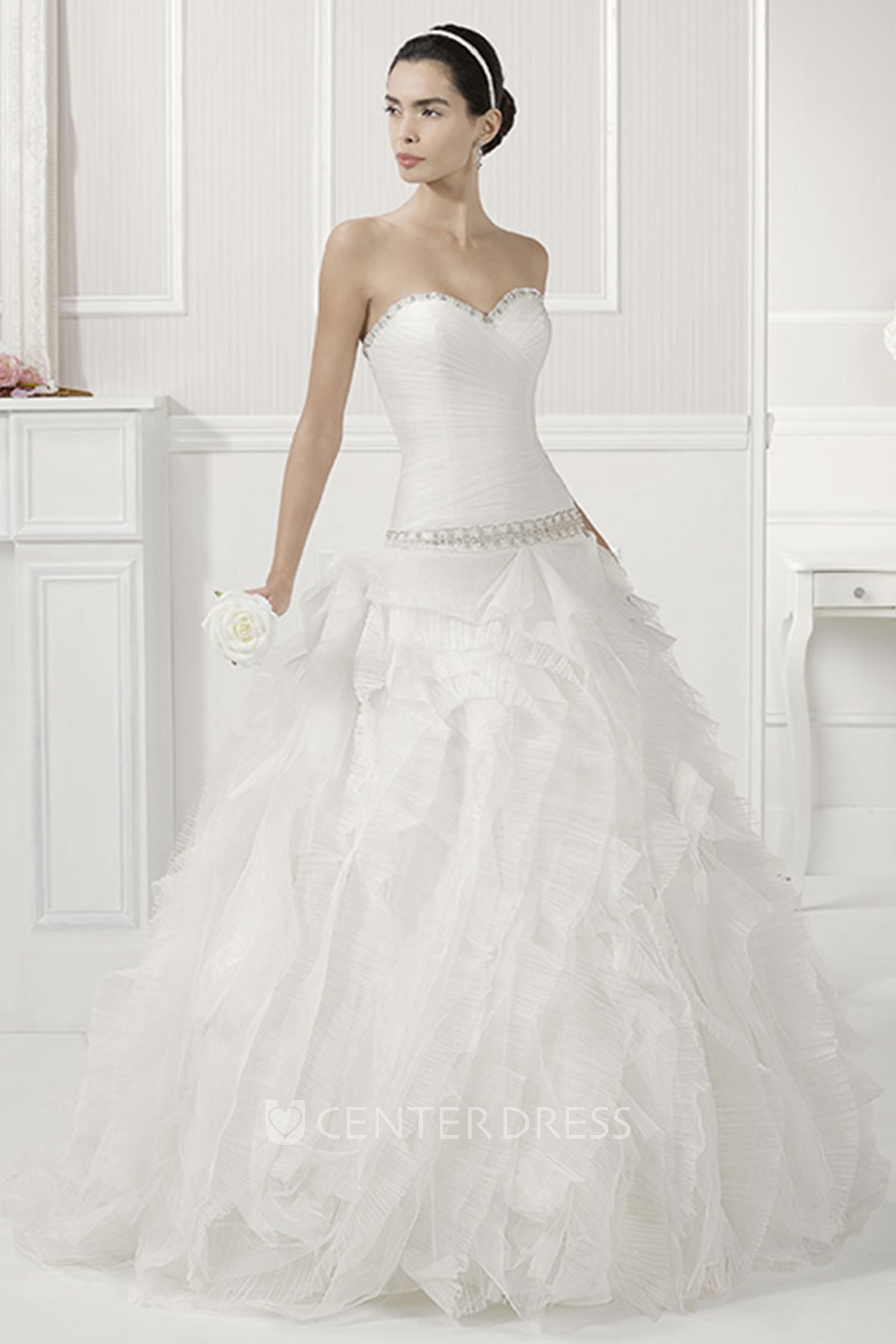 Jewel Neck Beaded Drop Waist Bridal Gown With Tiered Organza Skirt