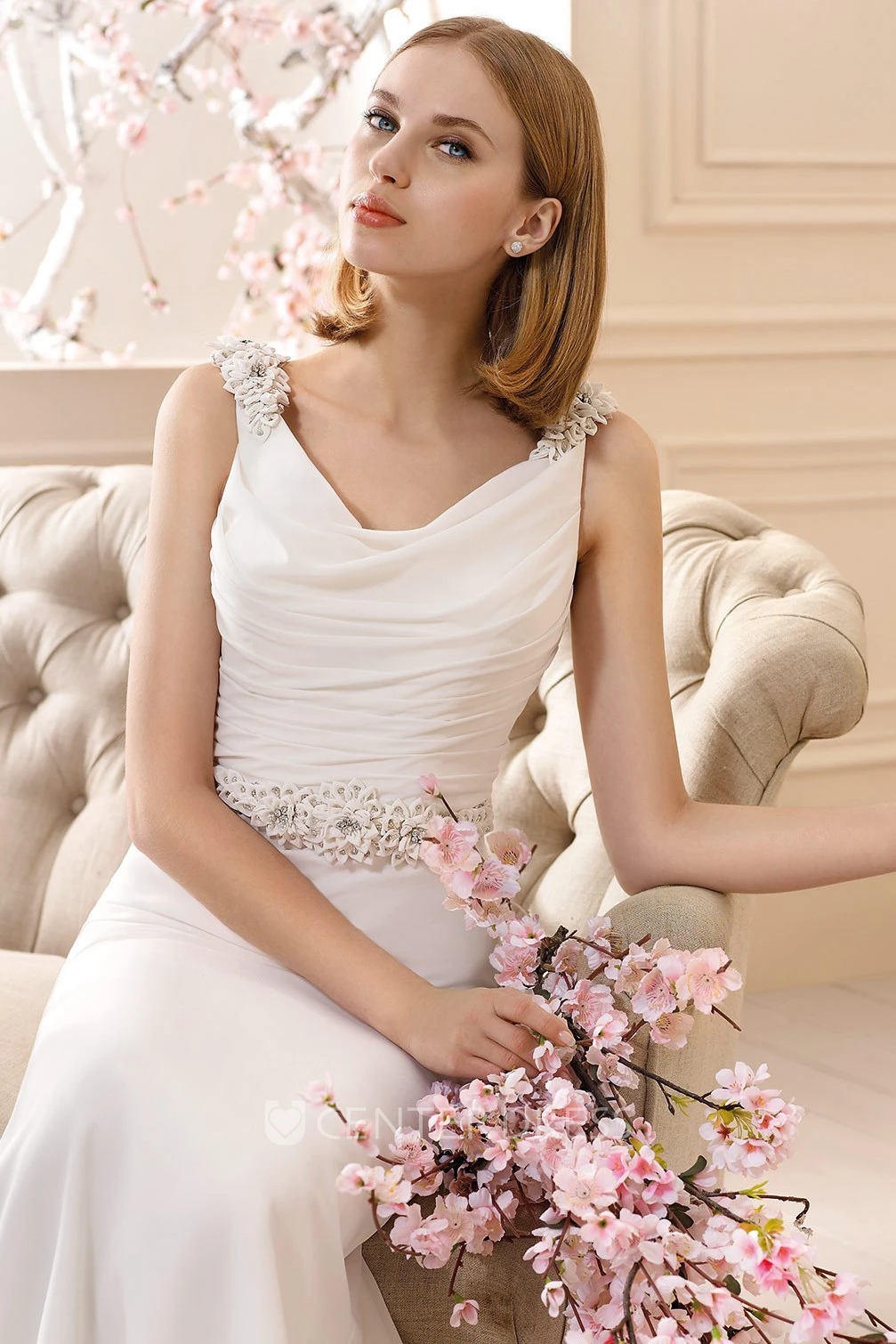 Sheath Long Floral Cowl-Neck Sleeveless Chiffon Wedding Dress With Beading