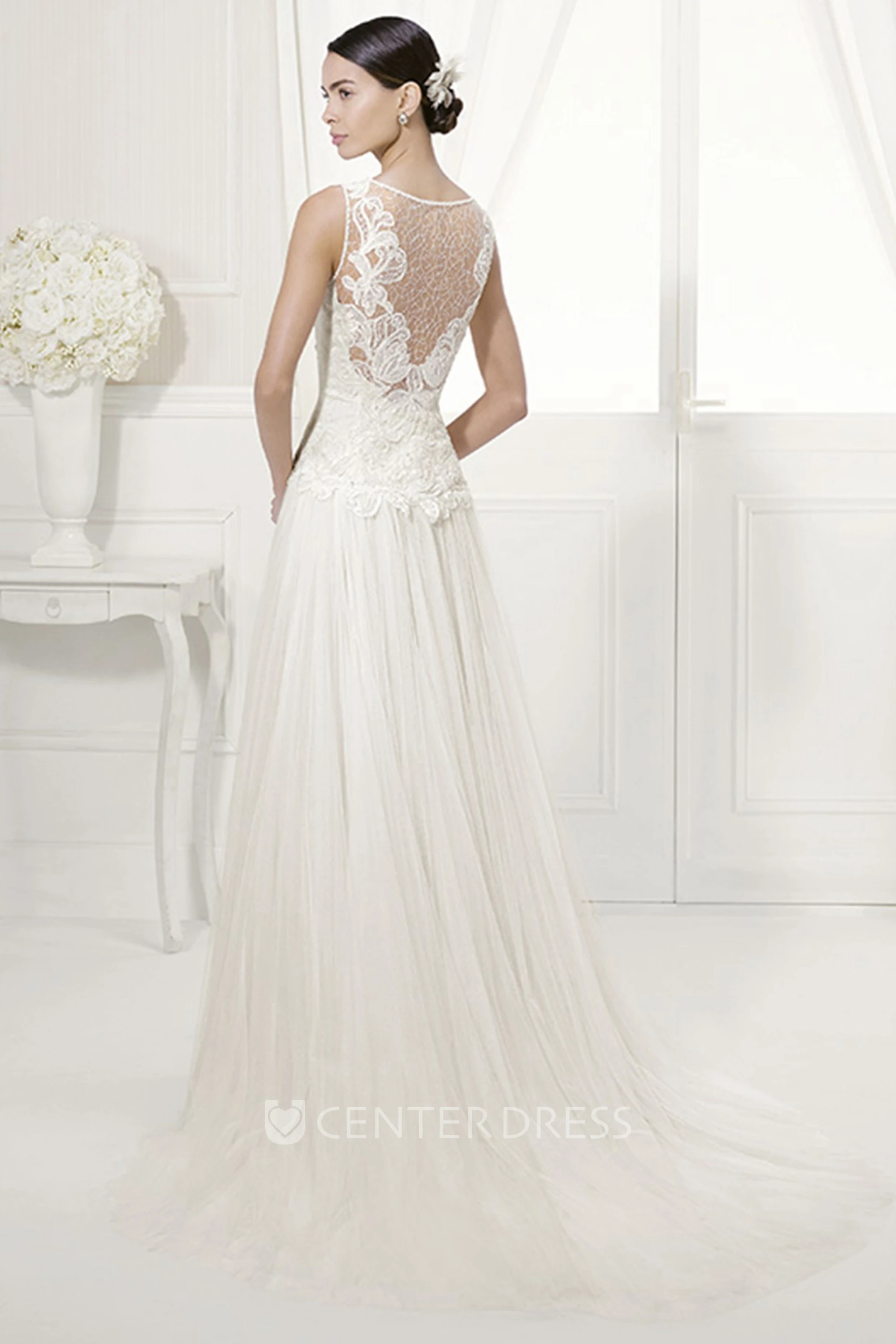 Jewel Neck Appliqued Bodice Bridal Gown With Pleated Tulle Skirt