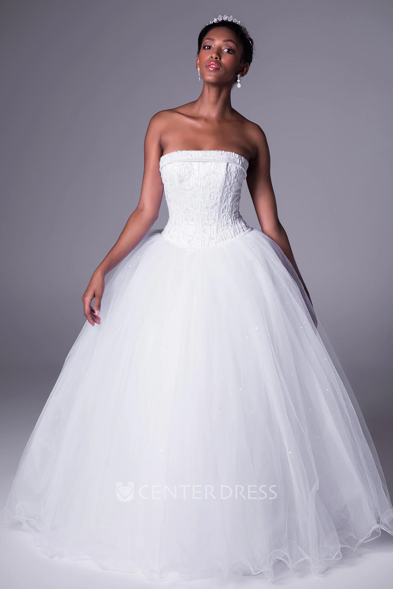 Ball Gown Maxi Strapless Sleeveless Embroidered Tulle Wedding Dress