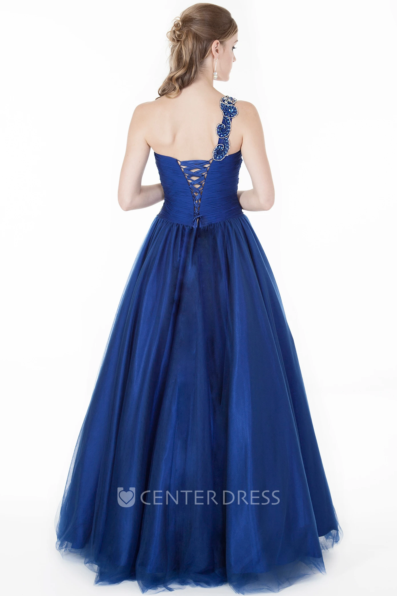 A-Line Long Beaded One-Shoulder Sleeveless Tulle Prom Dress With Pleats