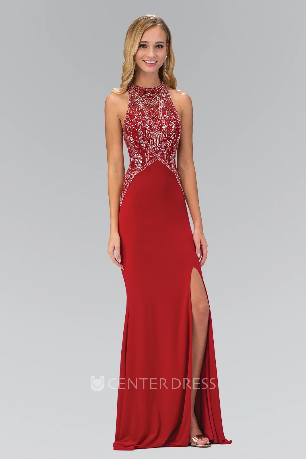Sheath Jewel-Neck Sleeveless Jersey Straps Dress With Beading And Split Front