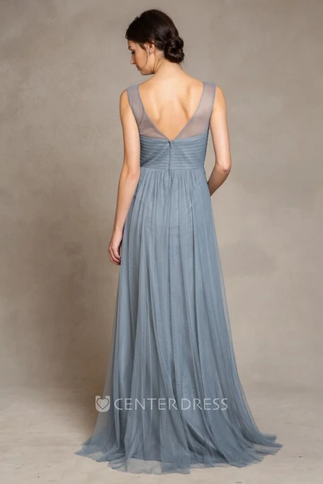 Sleeveless Bateau Neck Criss-Cross Empire Tulle Bridesmaid Dress