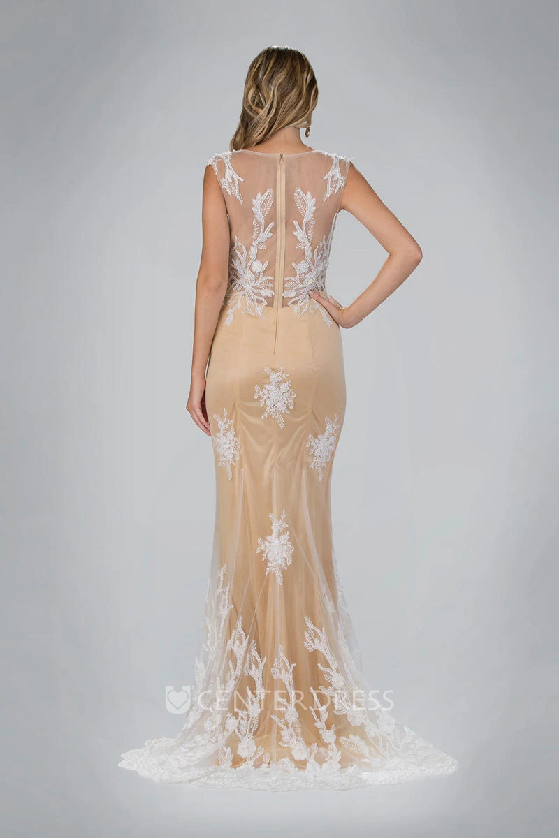 Sheath Maxi Bateau Sleeveless Lace Illusion Dress With Lace And Appliques