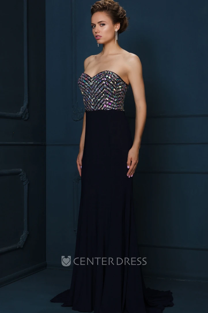 Sheath Sleeveless Sweetheart Crystal Chiffon Evening Dress With Brush Train