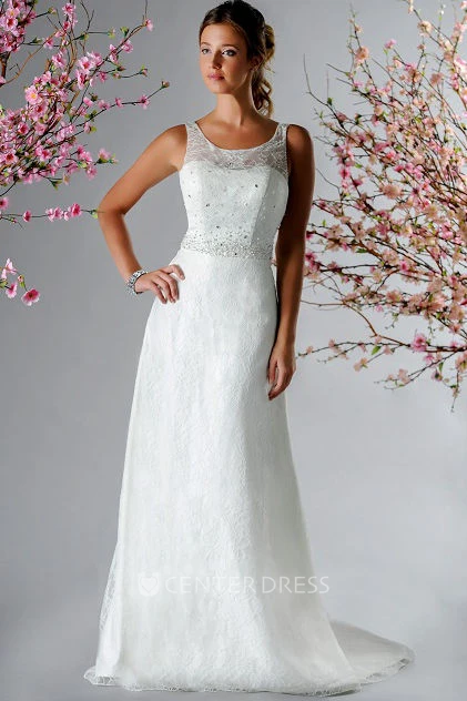 Scoop Neck Crystal Top A-Line Lace Gown With Back Button And Keyhole